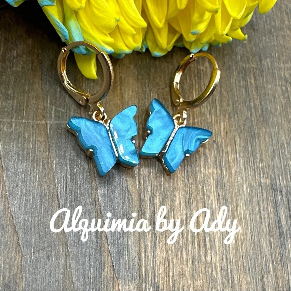 Blue opal butterfly charms dangle gold statement earrings